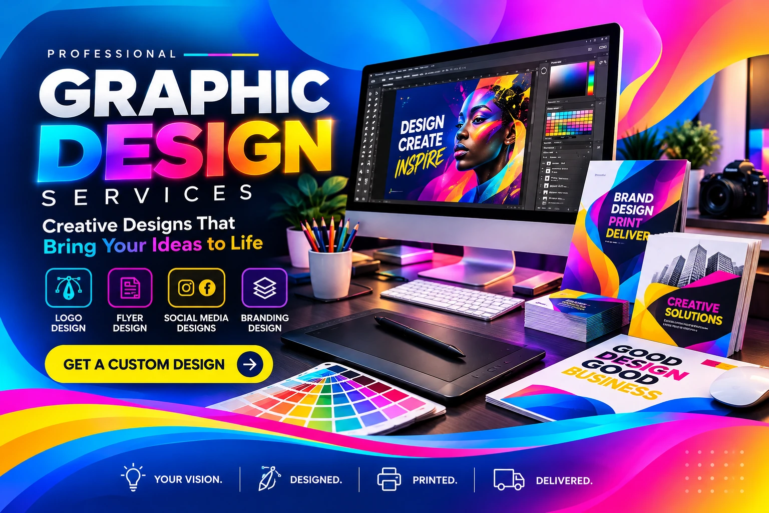 Jostry Prints professional graphic design services banner featuring logo design, flyer design, social media designs and branding